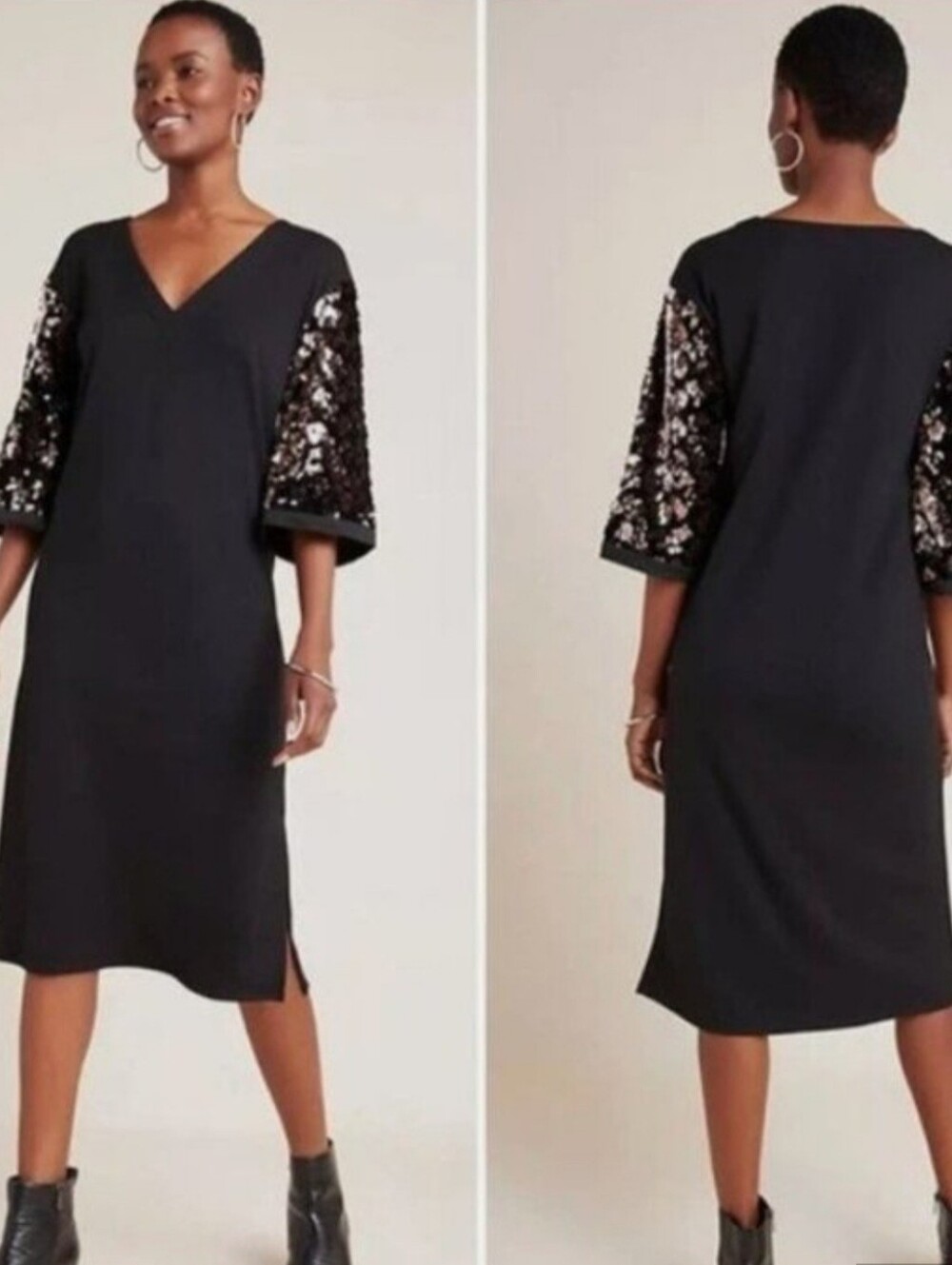 NWT Anthropologie Ro & De Black V-Neck Midi Dress with Sequin Puff Sleeves